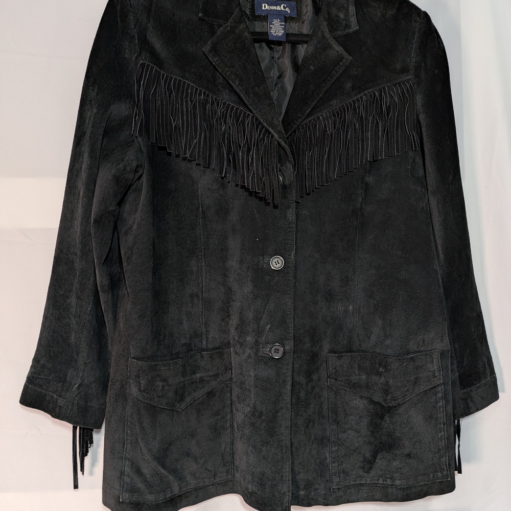 Denim&Co Black Suede Fringe Jacket